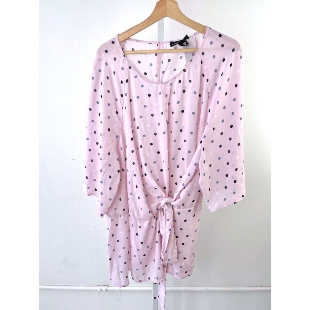 NWT LANE BRYANT 28 Plus Polka Dot Keyhole Blouse Short Sleeve Top Side Tie Pink